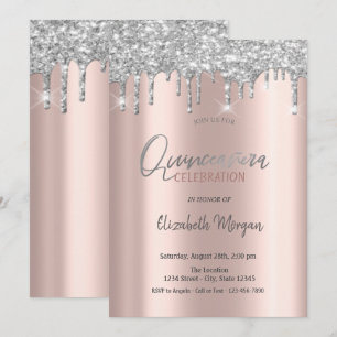 Sulver Glitter Drips Rose Gold Quinceanera Invitation