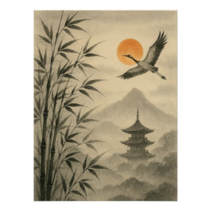 Sumi-e Crane Bamboo Poster   Traditional Japanese