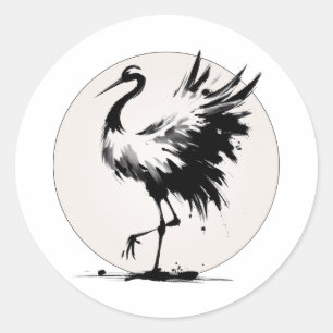 Sumi-e Crane Round Sticker
