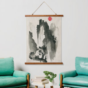 Sumi-e mountains with monastery and monk hanging tapestry
