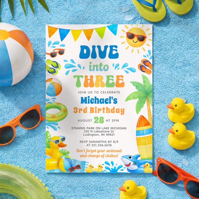 Summer 3rd Birthday Invitation - Dive into Three (Boy 3rd Birthday Invitation - Summer Beach Pool Party - Dive into Three)