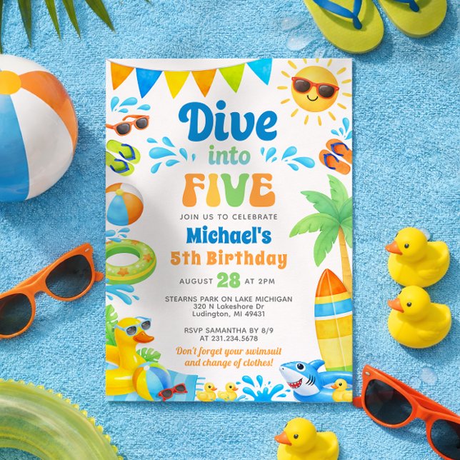 Summer 5th Birthday Invitation - Dive into Five (Boy 5th Birthday Invitation - Summer Beach Pool Party - Dive into Five)