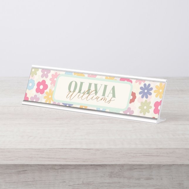 Summer 70’s Boho Retro Daisy Flowers Desk Name Plate (Front)