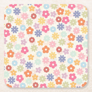 Summer 70’s Boho Retro Daisy Flowers Square Paper Coaster