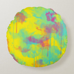 Summer abstract Colourful fun Watercolor splatters Round Cushion