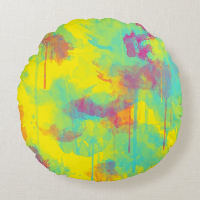 Summer abstract Colourful fun Watercolor splatters Round Cushion (Front)