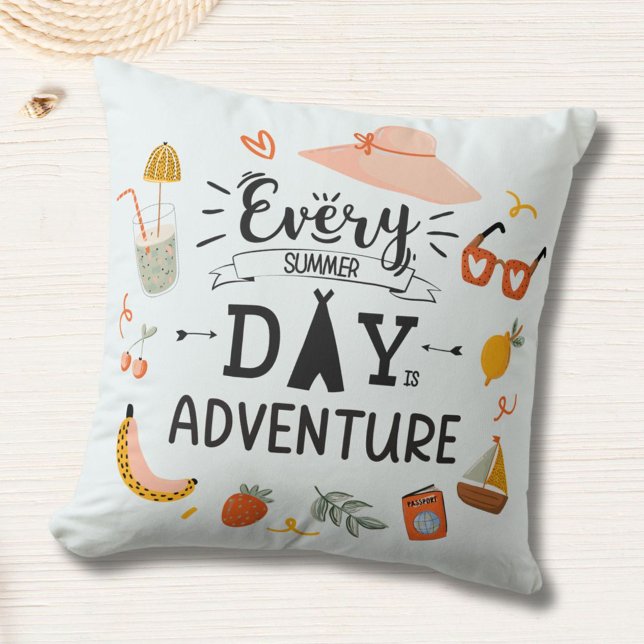 Summer Adventure Quote Colourful Kids Nursery Cushion (In situ)