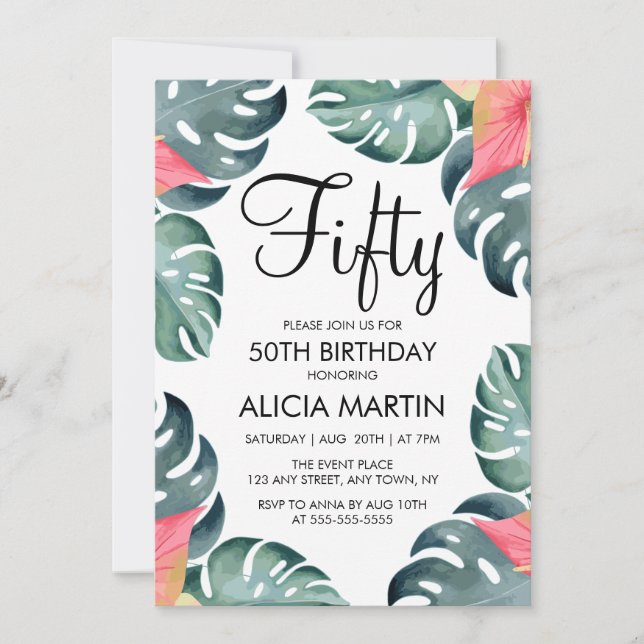Summer Anthurium & Monstera Greenery Birthday Invitation (Front)