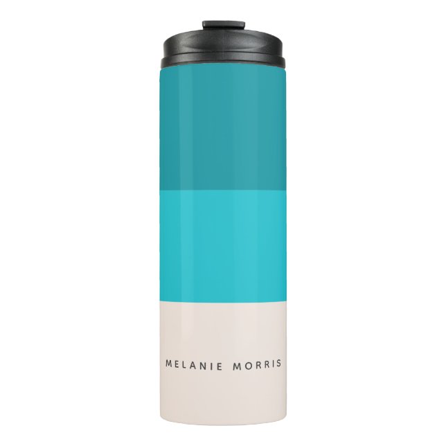Summer Aqua Blue Beach Vibe Horizontal Stripe Thermal Tumbler (Front)
