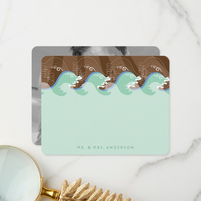 Summer Aqua Waves & Sun Photo Modern Beach Wedding Thank You Card (Front/Back In Situ)