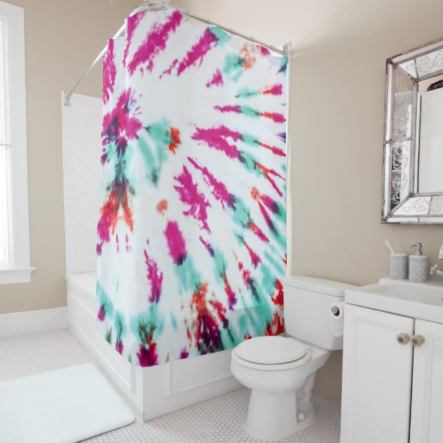 Summer Artsy Girly Neon Teal Pink Tie Dye Pattern Shower Curtain (In Situ)