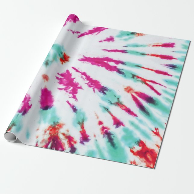 Summer Artsy Girly Neon Teal Pink Tie Dye Pattern Wrapping Paper (Unrolled)