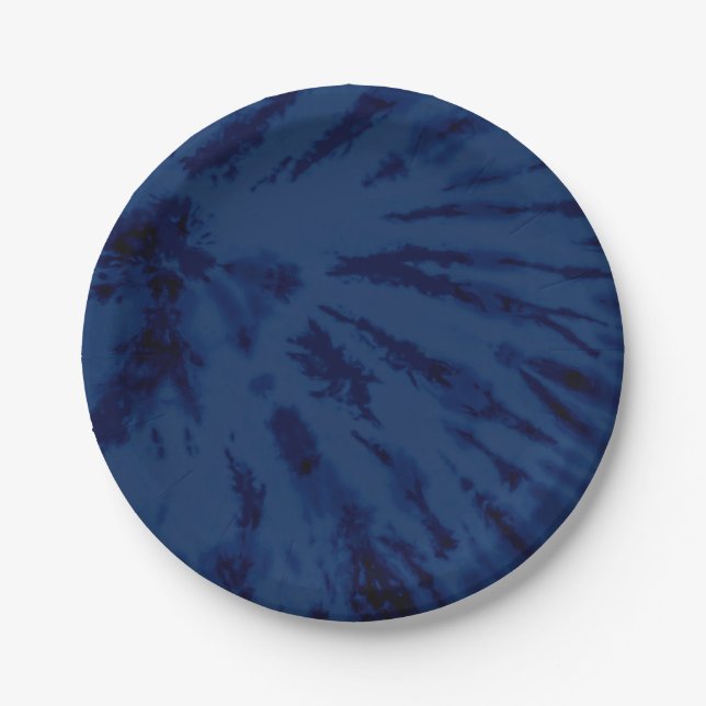 Summer Artsy Navy Blue Tie Dye Swirl Paper Plate (Front)