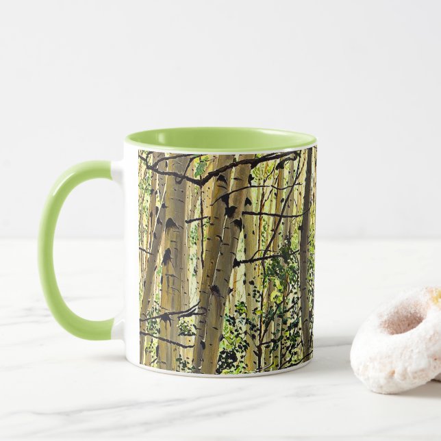 Summer Aspen Tree Woodland Violet Green Coffee Mug (With Donut)