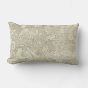 Summer at the Cottage Vintage Damask Wooden Scroll Lumbar Cushion