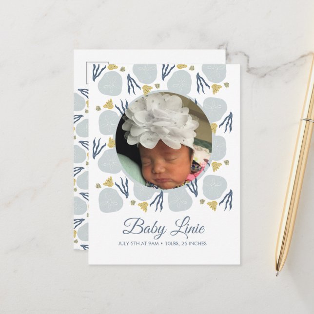 Summer Baby Beach Theme Border Photo Birth Announc Announcement Postcard (Front/Back In Situ)