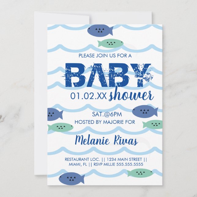 Summer Baby Shower Blue Waves Fish Invitation (Front)