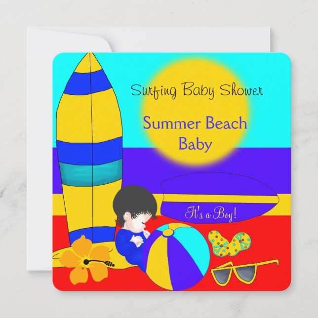 Summer Baby Shower Boy Beach Baby Surfing Baby 3 Invitation (Front)