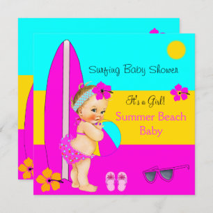 Summer Baby Shower Girl Beach Surfing Blonde Invitation