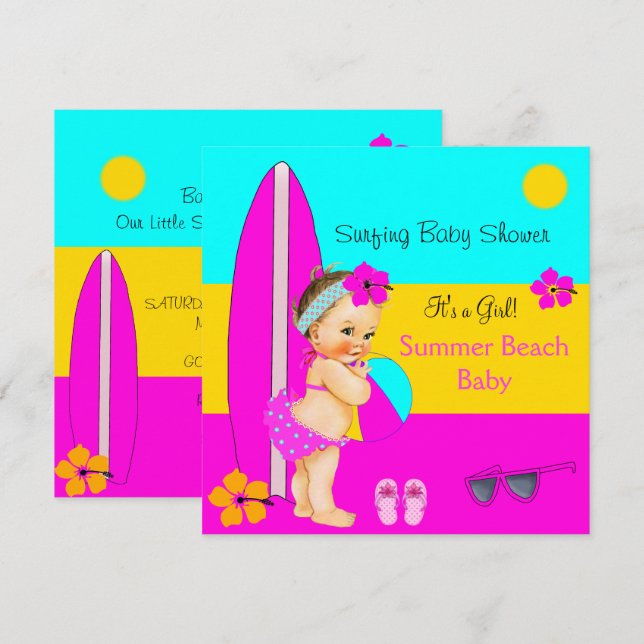 Summer Baby Shower Girl Beach Surfing Brunette Invitation (Front/Back)