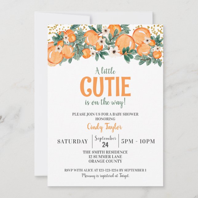 Summer Baby Shower, Orange Citrus Floral Shower Invitation (Front)