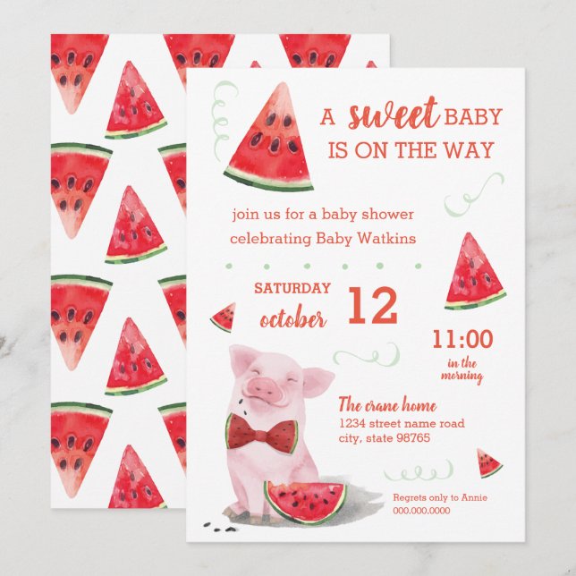 Summer Baby Shower Watermelon Pig Sweet Baby Invitation (Front/Back)