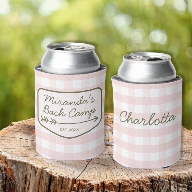Summer Bach Camp Gingham Pink Green Bachelorette Can Cooler (Summer Bach Camp Gingham Pink Green Bachelorette Can Cooler)