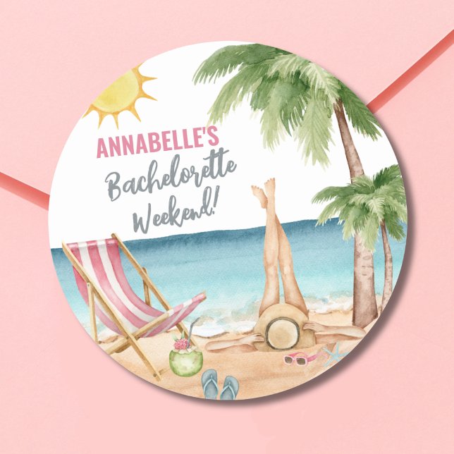 Summer Bachelorette Party Cute Beach Classic Round Sticker (Watercolor Beach Bachelorette Party Classic Round Sticker)