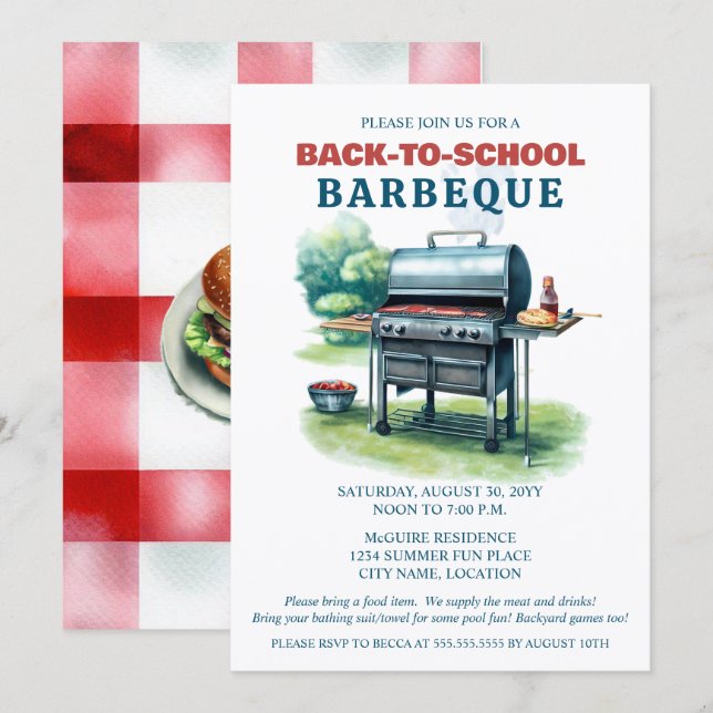 Summer Back to School BBQ Party Invitation (Front/Back)