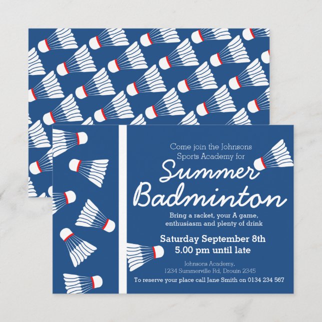 Summer badminton event invite blue & white (Front/Back)