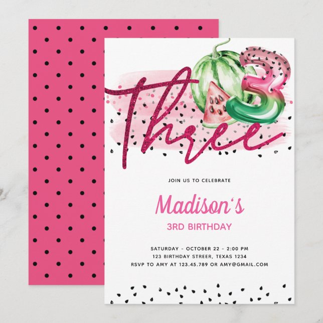 Summer Balloon Letters Melon 3rd Birthday Invitation (Front/Back)