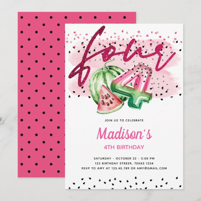 Summer Balloon Letters Melon 4th Birthday Invitation (Front/Back)