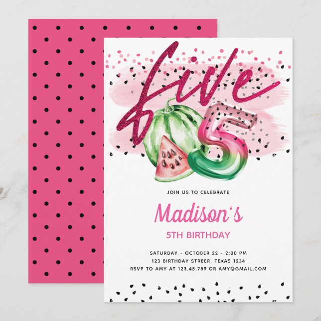 Summer Balloon Letters Melon 5th Birthday Invitation (Front/Back)