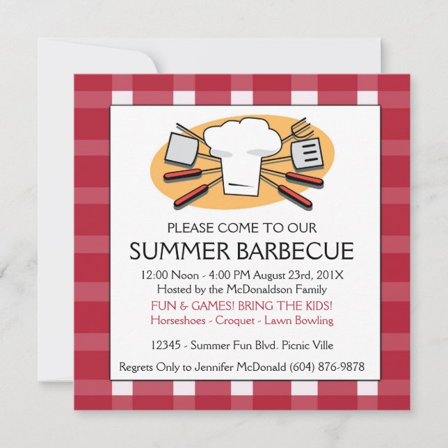 Summer Barbecue Gingham Tablecloth Picnic Invite (Front)
