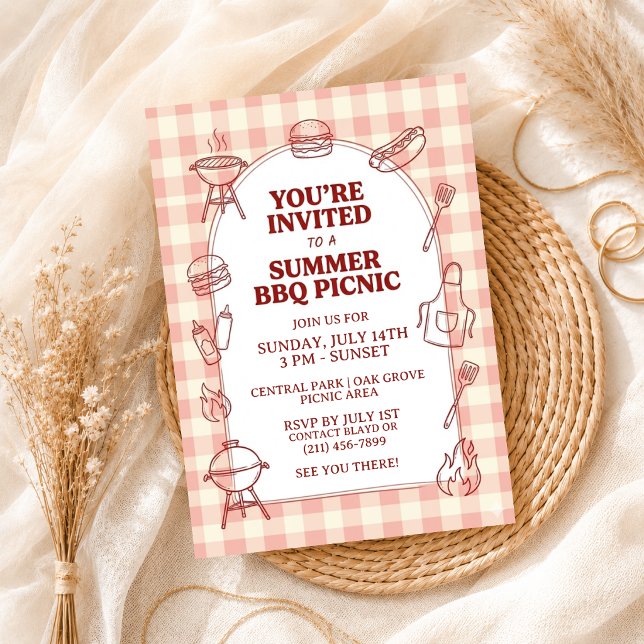Summer BBQ Gingham Cookout Backyard Rustic Party Invitation (Creator Uploaded)