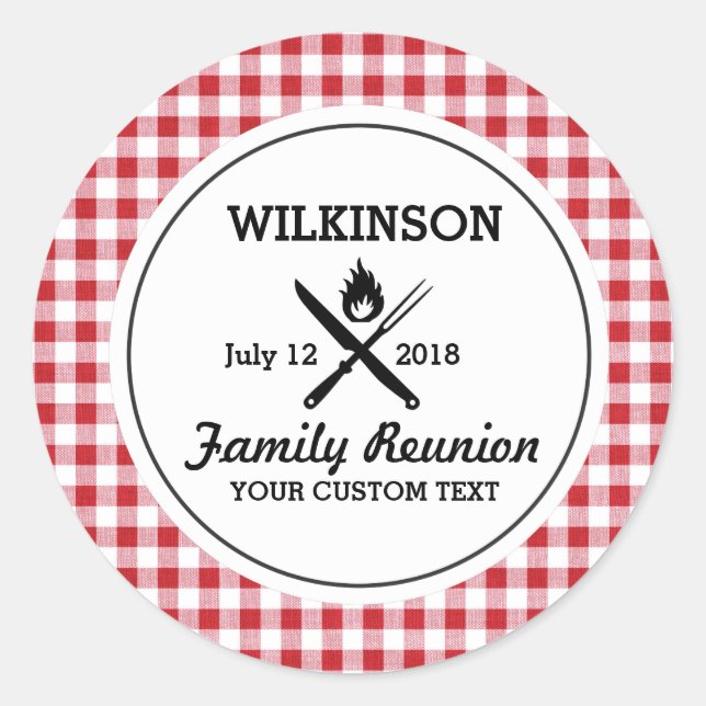 Summer BBQ Grill Cookout Reunion Red Gingham Check Classic Round Sticker (Front)