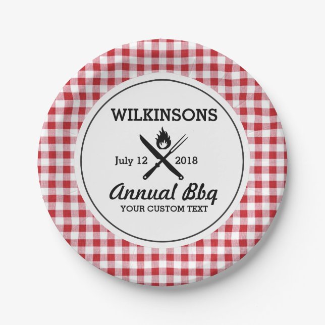 Summer BBQ Grill Cookout Reunion Red Gingham Check Paper Plate (Front)