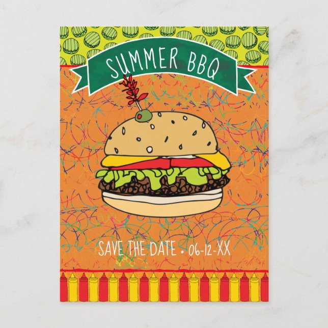 Summer BBQ Hamburger Save the Date Invitation Postcard (Front)