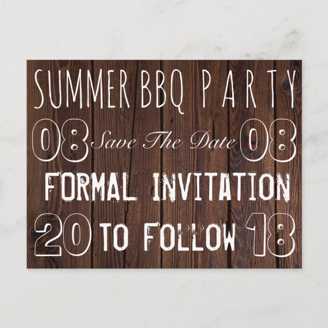 Summer BBQ Party Save The Date Rustic Brown Wood Announcement Postcard (Front)