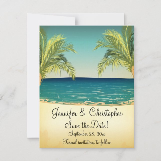 Summer Beach and Palm Trees Wedding Save the Date (Front)