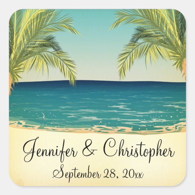Summer Beach and Palm Trees Wedding Square Sticker (Front)