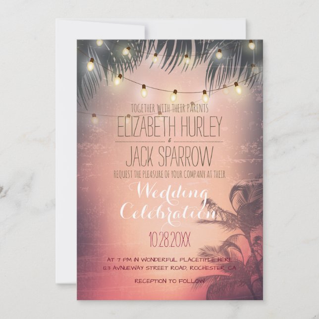 Summer Beach and Wedding String Lights Invitations (Front)