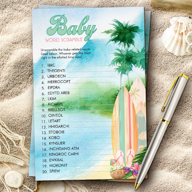 Summer Beach Baby Word Scramble Shower Game (Baby shower game with tropical beach surfing theme from my Baby on Board baby shower collection)