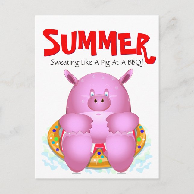 Summer Beach BBQ Pool Party Whimsical Cartoon Pig Postcard (Front)