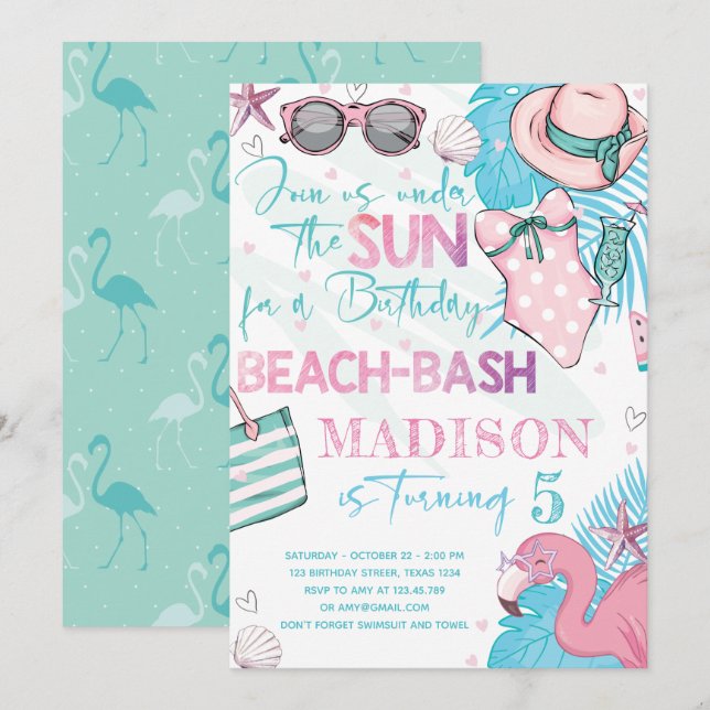 Summer Beach Birthday Party Cute Pink Turquoise Invitation (Front/Back)