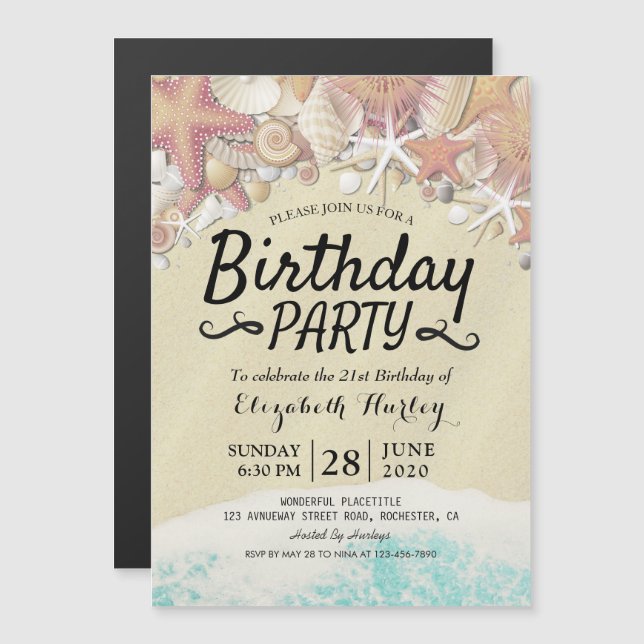 Summer Beach Birthday Party Starfish Sea shells Magnetic Invitation (Front/Back)