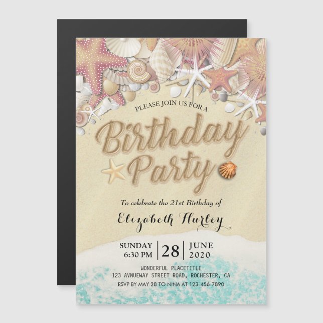 Summer Beach Birthday Party Starfish Sea shells Magnetic Invitation (Front/Back)