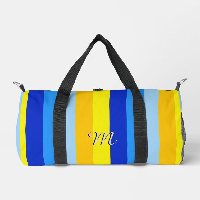 Summer Beach Blue and Yellow Stripes Personalised Duffle Bag (Front)