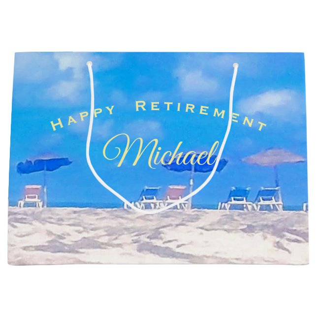 Summer Beach Blue White Happy Retirement Large Gift Bag (Front)