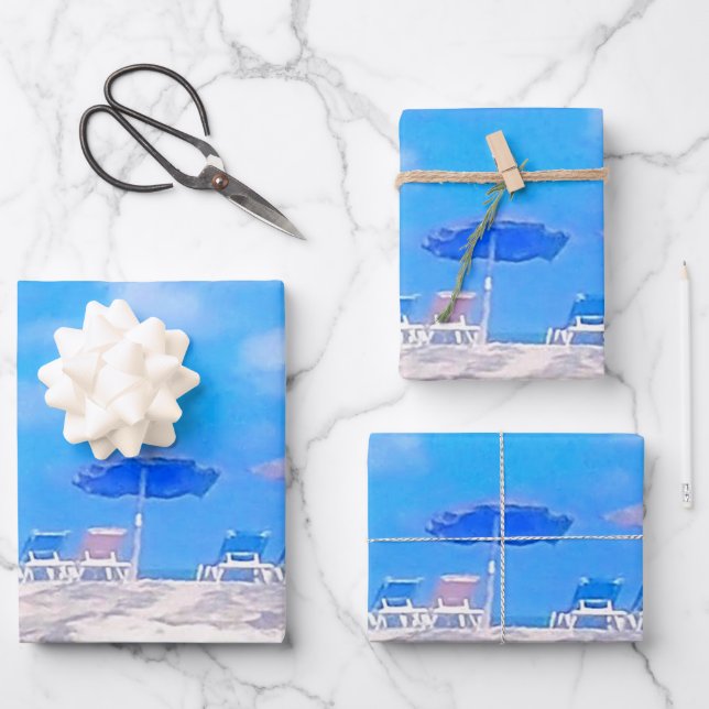 Summer Beach Blue White Wrapping Paper Sheet (Front)
